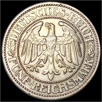 1927-A Germany Silver 5 Mark UNCIRCULATED