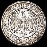 1927-J Germany Silver 5 Mark CLOSELY UNC