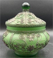 Frosted Green Candy Glass Ginger Jar with Wire