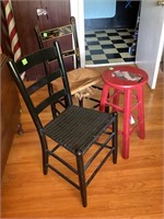 2 BLACK PAINTED CHAIRS & CUTE RED STOOL