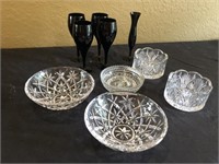 5 Crystal Bowls, Black Wine Glasses, Bud Vase