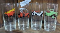 SET OF 4 DRINKING GLASSES WITH PAINTED ANTIQUE CAR