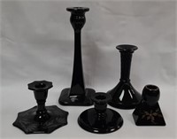 (5) Black Glass Candlesticks 2.5 - 10" T
