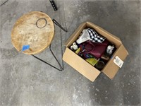Metal and Wood Stool, Box with purse, hat and more