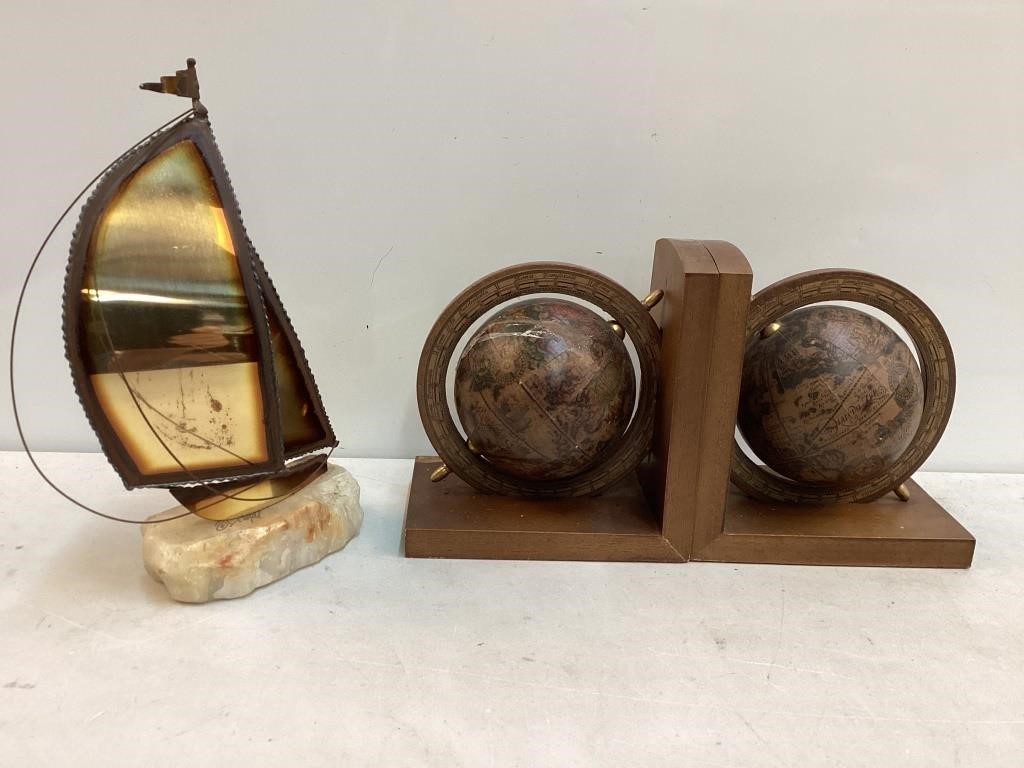 Pr. Wooden Globe Bookends & John DeMott Sailboat