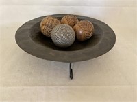 Decorative Metal Bowl with Stand, Wooden Balls