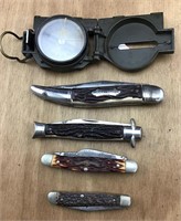 Vntg US Military Compass & 4 Vntg Pocket Knives