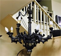 Grand French Carved Walnut Eight Arm Chandelier.