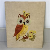 Vintage 1971 needlepoint embroidery owl with