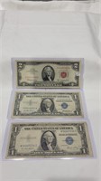 Red seal $2 bill and 2 $1silver certificates