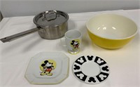 Mickey Mouse, Pyrex Bowl and Sauce Pan