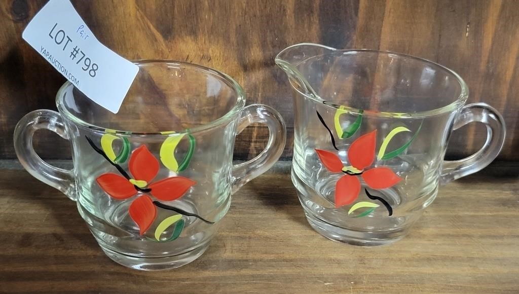 GLASS HAND PAINTED CREAMER & SUGAR BOWL