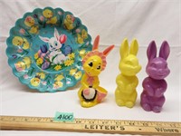 2 Vtg Blow Mold Rabbits, Vtg Hard Plastic Easter B