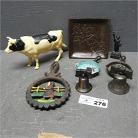 Miniature Cast Iron Items, Bells, Plastic Cow