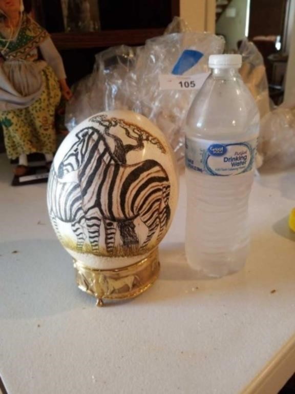 Ostrich egg with painted zebras with stand