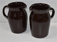Two Vintage Brown Crock Pottery Pitchers
