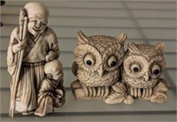 2 PC MONK AND OWL BONE CARVED FIGURINES