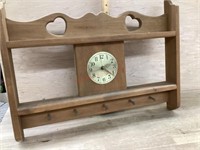 Wood decorator wall shelf with  pegs and clock