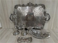 Silver Plate on Copper Tray; Candlesticks, more...
