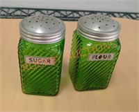 Vintage green glass sugar and flour shake jars