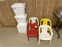 4 kids chairs and 3 styrofoam coolers