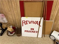 Revival sign, easel and baskets