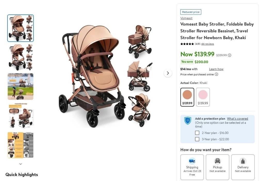 N1169  Vomeast Baby Stroller, Foldable, Khaki