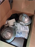 Box includes miners' hats, old transitor radio