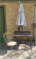 Metal Outdoor Table & (2) Chairs, Umbrella, Vase