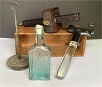 Antique Medicine Bottle, Inlaid Wooden Scribe,