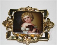 Antique, 18ct yellow gold, hand painted