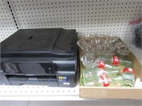 Printer, coca cola bottles, sundae dishes.