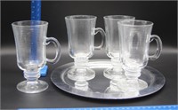 4 Glass Coffee Mugs with Silver Plate Tray