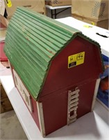 Small Red + Green Wood barn. Measures 20 IN.