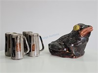 4 Laurentian Pottery Mugs + Ceramic Frog