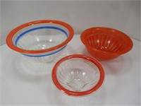 Clear, Red, Blue Glass Mixing Bowls