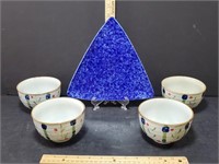 Gail Pittman Blue Speckled Triangle Platter And 4