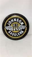 Johnson Time Tells Gasoline Tin Sign, 12" round