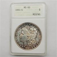 1881 S MORGAN SILVER DOLLAR ANACS MS63