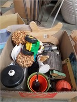 Box of binoculars and misc