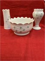 (3) Belleek Pieces - Bowl, (2) Vases