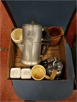 Box with antique coffee maker, mugs etc