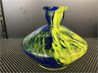 Hand blown cobalt & yellow art glass vase