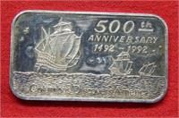 1492/1992 Columbus 1 Ounce Silver Bar