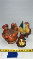 Ceramic chicken canister, figurines (9” H rooster