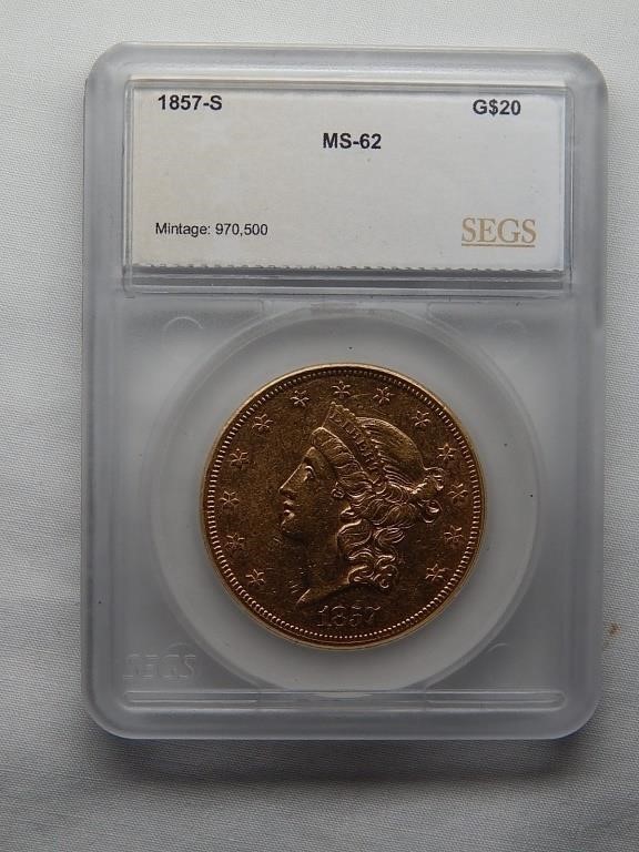 1857-S $20 Double Gold Eagle Liberty MS62