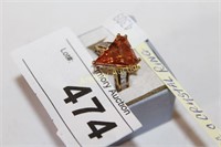 STERLING AND AMBER COLORED CRYSTAL RING - SIZE 6 -