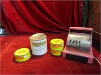 Vintage adverting tins and tom thumb bank.