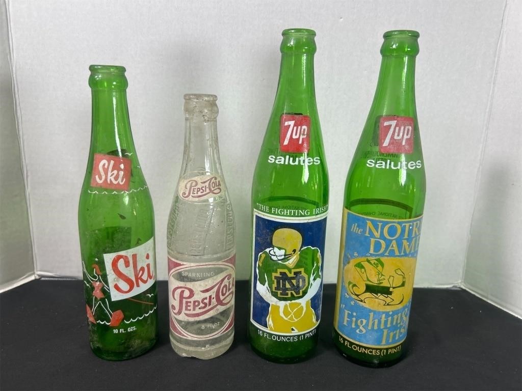4 Vintage Bottles. 2 7Up Notre Dame 1973