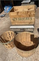 WOODEN APPLE BOX AND TWO BASKETS